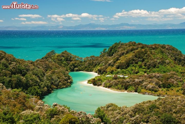 Immagine Il Paradiso dell'Abel Tasman National Park il piu piccolo parco della Nuova Zelanda: nella foto una piccola laguna a ridosso del mare smeraldo del Golfo di Tasman. In lontananza le coste meridionali dell'Isola del Nord - © Jiri Foltyn / Shutterstock.com
