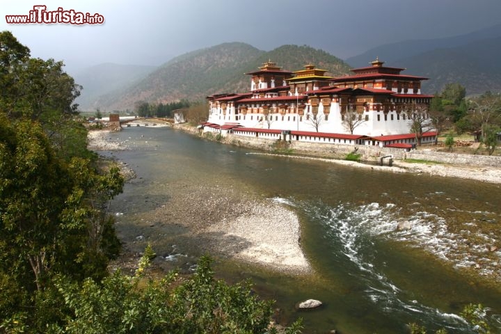 Immagine Monastero di Punakha Dzong nel Bhutan (Asia). Nell'immagine il lato che costeggia il fiume Mochu  - © Hung Chung Chih / Shutterstock.com
