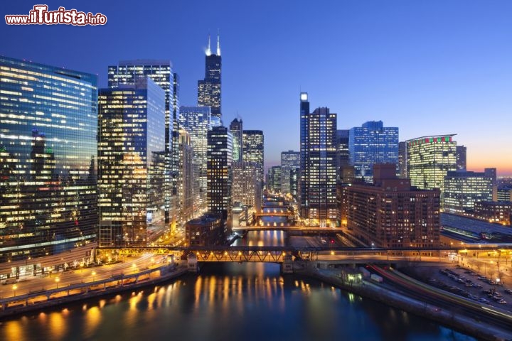 Immagine Skyline notturna di Downtown Chicago, la capitale dell'Illinois, Stati Uniti - © Rudy Balasko / Shutterstock.com