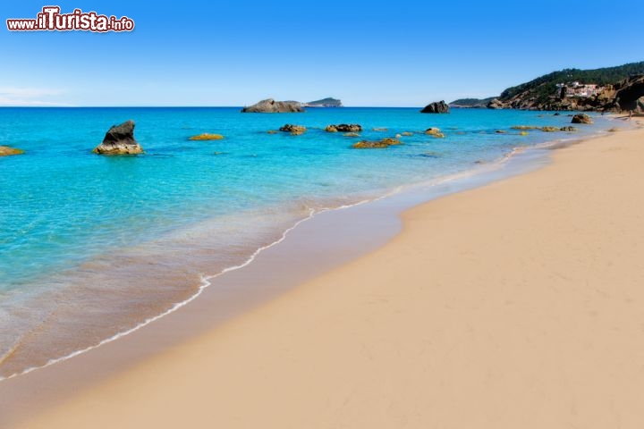 Immagine La bella spiaggia di Aiguas Blanques, particolare per le sue acque turchesi ed alcuni scogli vicino a riva. Località Ibiza, isole Baleari in Spagna - © holbox / Shutterstock.com