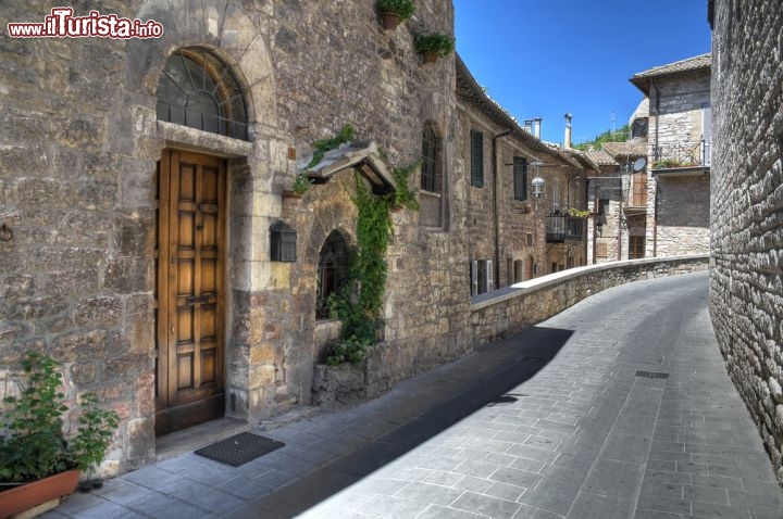 Immagine Una strada che attraversa il borgo di Assisi con le belle abitazioni in pietra che si affacciano sul centro storico - © Mi.Ti. / Shutterstock.com