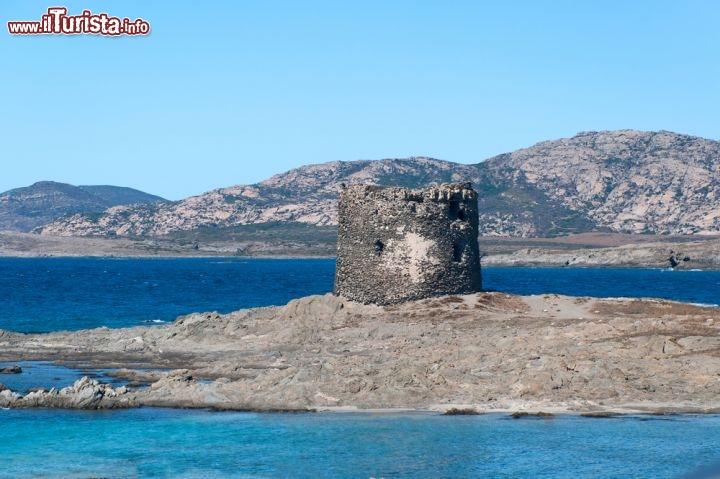 Immagine Particolare della Torre della Pelosa di Stintino, nel nord ovest della Sardegna, con sullo sfondo il profilo dell'Isola dell'Asinara   - © sergioboccardo / Shutterstock.com