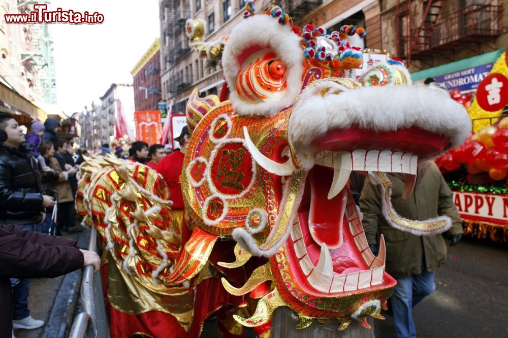 Immagine Un costume a forma di dragone durante i festeggiamenti per il Capodanno Cinese a New York, USA. © Joe Buglewicz / NYC & Company, Inc.