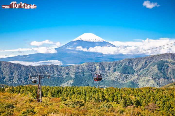 Immagine Funivia di Owakudani e monte Fuji a Hakone, Giappone - La più alta montagna del Giappone, con la sua cima innevata dieci mesi l'anno, fa da cornice alla funivia che accompagna sino a Owakudani Valley, suggestiva zona di Hakone caratterizzata da vari fenomeni vulcanici, vapori sulfurei e sorgenti d'acqua calda. Partendo da Togendai in poco più di 16 minuti si arriva a destinazione; chi lo desidera può poi proseguire per Sounzan da dove è possibile proseguire per Gora prendendo la Tozan cablecar, una ferrovia funiculare © Aleksandar Todorovic / Shutterstock.com