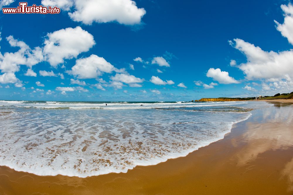 Immagine La schiuma delle onde si infrange sulla sabbia di questa spiaggia di Torquay, Australia.
