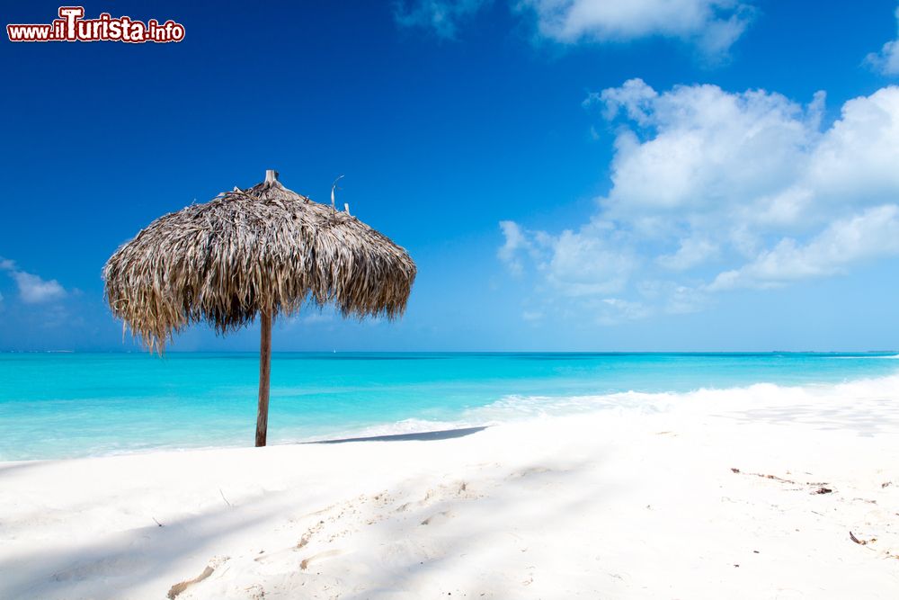 Immagine Ombrellone di foglie di palma sulla spiaggia di Cayo Largo, Cuba. Il luogo perfetto per rilassarsi e trascorrere una vacanza all'insegna della natura incontaminata.