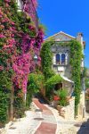 La facciata in pietra di un'abitazione di Saint-Paul-de-Vence decorata con fiori dalle tonalità lilla, Francia.



