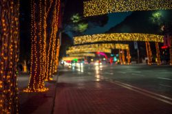 Il viale principale di Tirana illuminato di notte nel periodo natalizio (Albania).

