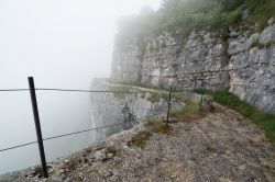 Passeggiata nella nebbia al Monte Cengio vicino a Asiago, Veneto. Questa località è stata importante teatro di battaglie durante la Prima Guerra Mondiale: la montagna divenne l'ultimo ...