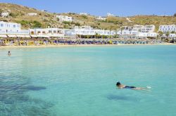 Spiaggia di Platis Gialos a Mykonos in Grecia, con le acque calme è ideale per le famiglie - © f8grapher / Shutterstock.com
