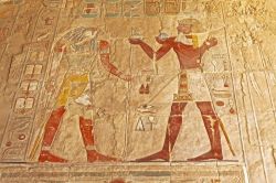 Incisioni policrome del Faraone e Dio Horus nel tempio della Regina Hatshepsut (1508-1458 AC), tra la Valle dei Re e della Valle delle Regine, a Luxor (l'antica Tebe), Egitto - © Sphinx ...