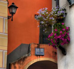 Un caratteristico angolo del centro di Brugnato, La Spezia, Italia. Fiori dai colori vivaci rendono ancora più grazioso questo scorcio panoramico del centro cittadino.



