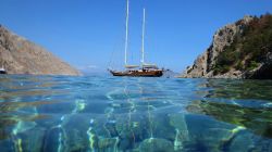 Una pittoresca foto del Mare Egeo dalla spiaggia di Agios Georgios, isola di Symi, Grecia.

