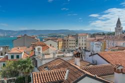 Uno sguardo sui tetti della città di Muggia, vicino a Trieste, Friuli Venezia Giulia. Questa località sorge su un promontorio dal tipico paesaggio collinare che digrada verso il ...