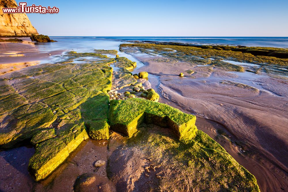 Immagine Sabbia e rocce sulla spiaggia di Porto de Mos, Algarve, Portogallo.