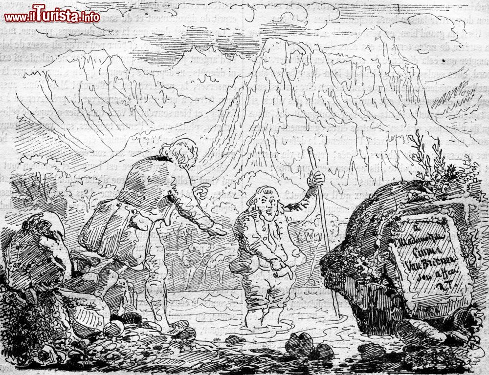 Immagine Stampa d'epoca che rappresenta la scoperta delle sorgenti termali di Lavey-les-Bains in Svizzera, 1882.