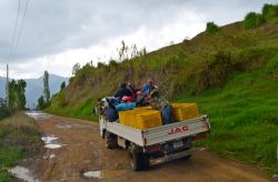Operai che si recano al lavoro nei poderi che affiancano la strada sterrata verso il Salto de Aguas Blancas a Costanza. Nella regione si coltivano i migliori ortaggi, frutta e vegetali.
