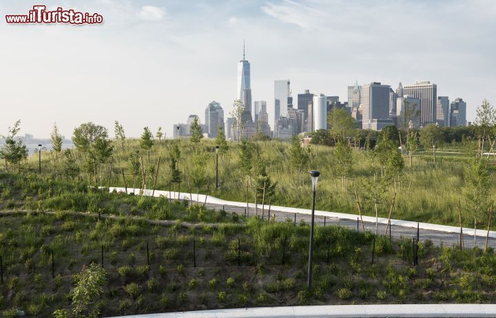 Immagine La skyline di Manhattan con i suoi famosi grattacieli compare all'orizzonte salendo su The Hills, le colline artificiali inaugurate nel 2016 a Governors Island - foto © Timothy Schenck