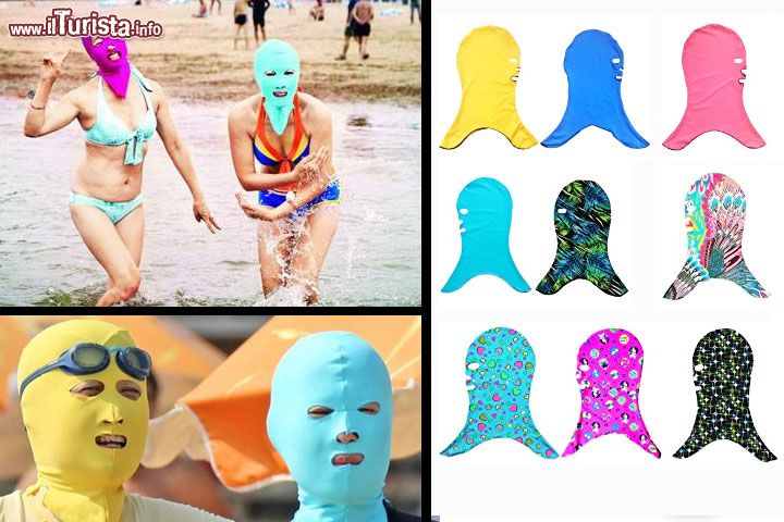 Facekini maschera antiabbronzatura - Non crediamo che questo accessorio da spiaggia possa incontrare i favori delle nostre località turistiche, ma in altre parti del mondo è già molto diffuso. L'idea è nata nella provincia di Shandong in Cina dove le donne hanno trovato un'alternativa alla classica combinazione di crema solare e cappello! E' stato chiamato facekini, ed è una maschera simile ad un passamontagna che protegge completamente il viso dai raggi solari. Il tessuto, che è impermeabile per meglio consentire il bagno, consente comunque la naturale traspirazione della pelle.
Su questo gadget vi sembra orrendo tenete conto che le donne cinesi hanno un vero e proprio culto della pelle bianca, volutamente mantenuta quasi diafana, e quindi hanno il terrore dei raggi ultravioletti. Spesso nelle città si vedono le ragazze passeggiare con ombrellino e lunghi guanti alle braccia, proprio per evitare l'abbronzatura! Uno dei vantaggi di questo accessorio sarebbe anche il minor rischio di puntura meduse e di contatto diretto con alghe irritanti. Bene, se anche voi volete un facekini a tintaunica, potete acquistarlo per pochi 10 euro qui, se invece volete osare guardate la versione pavone e medusa.