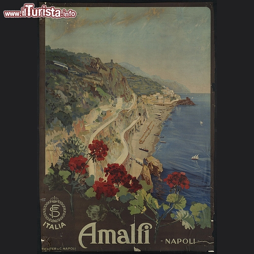 Amalfi e la sua costa in manifesto d'epoca disegnato dall'artista Borgoni Mario - Copyright  The Boston Public Library's Print Department 