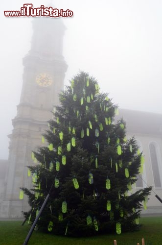 Immagine Il campanile della cattedrale di San Gallo avvolto nella nebbia e uno dei tanti alberi di Natale sparsi per la città