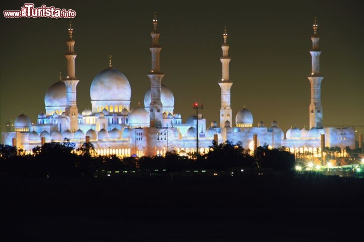 Immagine Ammirando da lontano il centro di Abu Dhabi spicca la Grande Moschea dello Sceicco Zayed. Dopo il tramonto le cupole e i minareti si illuminano di rosa e azzurro, assumendo un aspetto da Mille e una Notte - © Lyubov Timofeyeva / Shutterstock.com