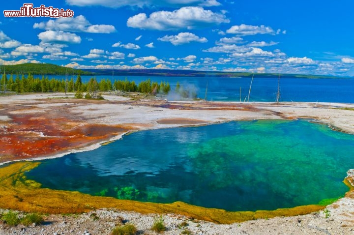 Immagine Abyss Pool è una spettacolare sorgente termale nel West Thumb Geyser Basin, nello Yellowstone National Park. L'acqua bollente è così trasparente che la sua profondità di 16 metri appare irreale, tale sembra vicino il fondo alla superficie. In qualche occasione la sorgente si è trasformata in un geyser, scagliando l'acqua i getti di vapore alti fino a 9 metri d'altezza. E' dal 1992 che non erutta più in questo modo - © Krzysztof Wiktor / Shutterstock.com