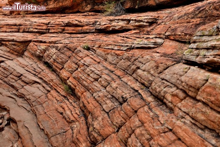 Immagine Arenarie antichissime al Kings Canyon in Australia - In questa immagine si può vedere un classico esempio di stratificazione incrociata di arenarie. Queste strutture sono tipiche di sedimentazioni in ambienti di alta energia, come possono essere gli ambienti di spiaggia, oppure come in questo caso, un esempio di dune eoliche di tipo fossile