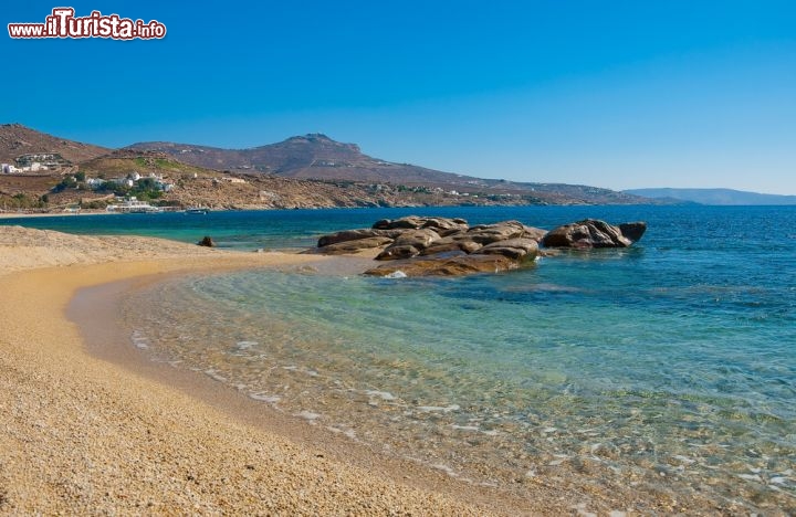 Immagine La baia di Kalafatis sull'isola di Mykonos. Le acque di questo membro delle Cicladi in Grecia presentano magnifiche sfumaturem dal verde al blu, ed i lturismo balneare fa da contraltare alla sfrenata vita notturna di cui è famosa l'isola del mare Egeo - © Natalia Dobryanskaya / Shutterstock.com