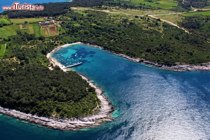 Immagine Baia vicino a Kamenjak, Istria (Croazia) - Con una rientranza morbida e decisa al tempo stesso, la parte che costeggia la baia nei pressi di Kamenjak sembra costituire un perimetro così dolce da ricordare un pancione materno, anche se più allungato. In questo senso, la sensazione enorme di protezione qui è evidente, in quanto sembra di poter essere al riparo da qualsiasi insidia. La sofficità con cui il mare si collega alla spiaggia, ricorda la più dolce delle ninne nanne e il circondario fatto di natura dal verde così splendente, di certo fa anch'esso la sua parte - © Igor Karasi / Shutterstock.com