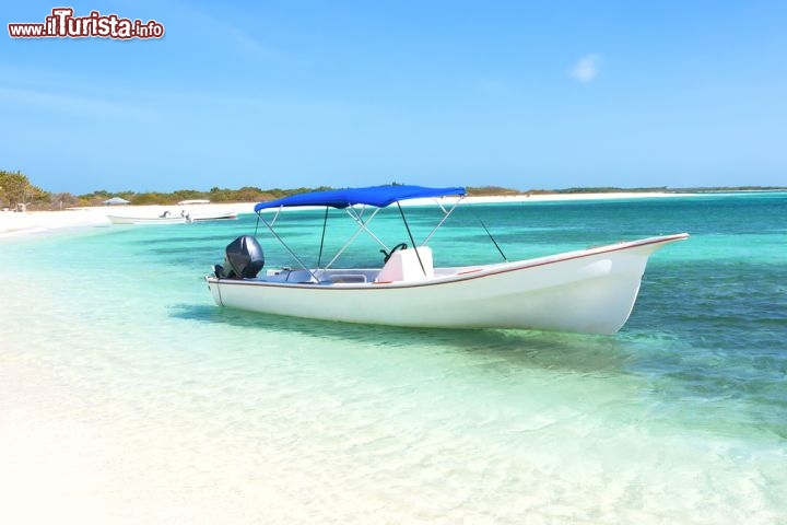 Immagine Barca ormeggiata su di una spiaggia bianca di Los Roques in Venezuela - © Dmitry Burlakov / Shutterstock.com