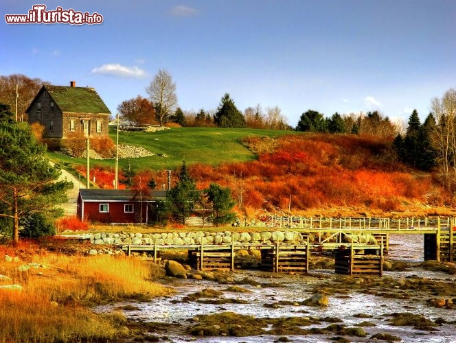 Immagine Una bassa marea autunnale nella Baia di Halifax, il capoluogo della Nuova Scozia nel Canada orientale. Con i colori infuocati dell'autunno, ancora più brillanti accanto al verde dei prati, i grandi spazi canadesi diventano più suggestivi che mai, e le case in legno tradizionali danno vita a un paesaggio romantico e pittoresco - © Matthew Jacques / Shutterstock.com