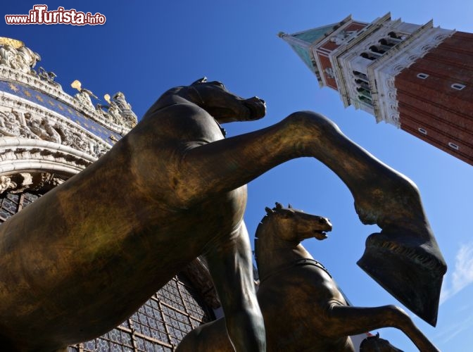 Immagine I Cavalli di San Marco ed il Campanile Venezia. Pochi sanno che i quattro cavalli bronzei sono originari di Istanbul, o per meglio dire dell'antica Costantinopoli, dato che provengono dalla capitale dell'Impero Romano d'Oriente, che venne saccheggiata durante un Crociata all'inizio del 13° secolo. In origine si trovavano nell'Ippodromo di Bisanzio - © Gijs van Ouwerkerk / Shutterstock.com