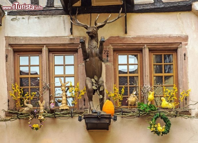 Immagine Decorazioni nel centro storico di Riquewihr, Alsazia - Se i motivi scelti per decorare le facciate delle maisons à colombages di Riquewihr, come d'altronde tutte quelle delle case a graticcio, sono i più vari (dai rombi che indicano il numero dei figli in una casa al trono dell'imperatore del Sacro Romano Impero), anche le altre decorazioni utilizzate per abbellire l'esterno dell'abitazione non sono certo meno suggestive. In questo edificio del centro storico della cittadina medievale si trova un cervo in legno con la sua bella impalcatura di corna © Barnes Ian / Shutterstock.com