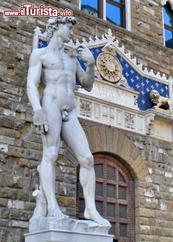 Immagine La statua del David di Michelangelo (copia) presente a  Firenze in Piazza della Signoria, davanti a Palazzo Vecchio, Toscana. Considerato da sempre l'ideale della bellezza maschile nell'arte, il David ritrae l'eroe biblico nel momento in cui si appresta ad affrontare Golia.