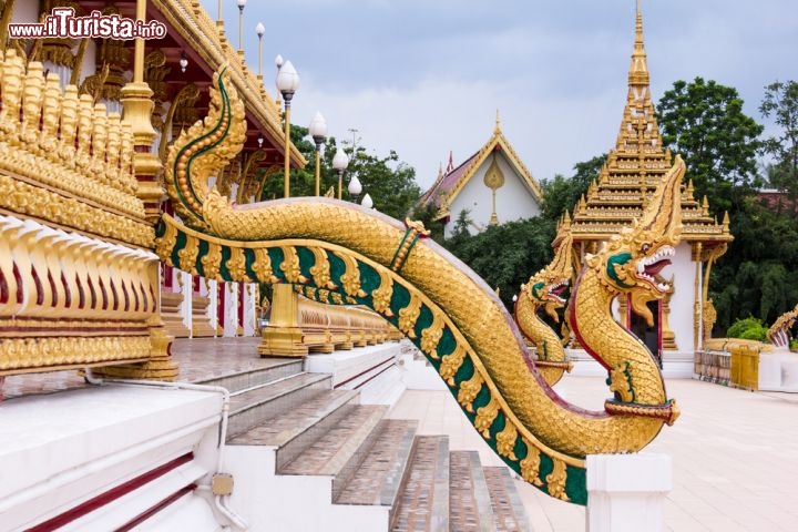 Immagine Dragone dorato al tempio Wat Nong Wang di Khon Kaen, Thailandia - Uno splendido particolare del dragone dorato, impreziosito da dettagli color verde smeraldo, che orna il tempio Wat Nong Wang della città thailandese. Le due raffigurazioni accompagnano all'interno dello stupa © Aphichart / Shutterstock.com