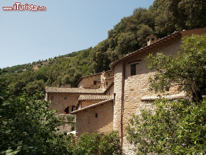 Immagine L'Eremo delle Carceri, situato a 4 km da Assisi, sorge sulle pendici di monte Subasio nei pressi di grotte naturali frequentate dagli eremiti già in epoca paleocristiana. Donato dal Comune di Assisi ai benedettini, che poi lo cedettero a San Francesco, venne ampliato nel 1.400 da San Bernardino da Siena con la costruzione della chiesa di Santa Maria delle Carceri e di un piccolo convento. Immerso in un bosco di lecci secolari circondato da grotte e piccole cappelle, nell'eremo i pellegrini si ritirano tutt'oggi in contemplazione - © cudak / Shutterstock.com