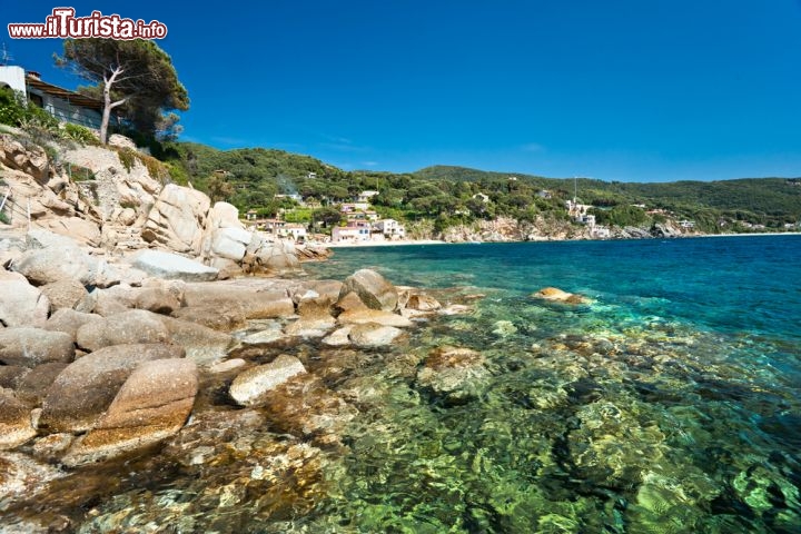 Immagine Isola d'Elba (LI): Baia della Biodola, nei pressi di Portoferraio, è un paradiso di sabbia fine, scogli e macchia mediterranea che arriva quasi a toccare il mare. Il fondale, che digrada dolcemente, la rende perfetta anche per i bambini e per le passeggiate nell'acqua. In alta stagione è difficile parcheggiare in zona: conviene servirsi dei minibus che partono più volte al giorno da Portoferraio - © Luciano Mortula / Shutterstock.com