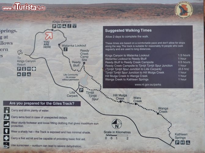 Immagine La Mappa del Giles Track, il sentiero più lungo del Kings Canyon, Australia - Tra le varie possibilità di trekking esiste anche questo percorso di 22 km, intitolato al famoso esploratore che visitò per primo molti luoghi del Red Centre, tra il 1870 e 1872. Questo tracciato, impegnativo, è consigliato solo per la stagione invernale, e richiede due giorni di tempo per essere ultimato