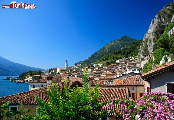 Immagine Limone sul Garda in una giornata di sole, Brescia -  Vista panoramica dai tetti di Limone con le acque del lago a fare da cornice a questo suggestivo borgo turistico della Lombardia. In primavera e estate alberi da frutto e piante floreali fioriscono rendendo il paese un territorio decisamente piacevole per passeggiate all'aria aperta © Steve Heap / Shutterstock.com