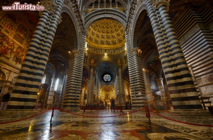 Immagine L'interno del Duomo di Siena è diviso in tre navate da alti pilastri. Sopra la navata centrale e il coro corre una balaustra dove sono disposti ben 171 busti di papi scolpiti da vari artisti tra la fine del Quattrocento e l'inizio del Cinquecento - © Evgeny Shmulev / Shutterstock.com