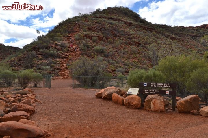 Immagine Kings Canyon Rim Walk  in Australia - Come si può vedere in foto, il percorso più lungo da compiere a piedi, al Kings Canyon, ha una partenza piuttosto ripida, che fa capire subito agli escursionisti che questo tracciato richiede un minimo di preparazione fisica, soprattutto quando le temperature salgono al di sopra dei 30 °C. La lunghezza del sentiero è di circa 6 km, e richiede dalle 3 alle 4 ore di tempo