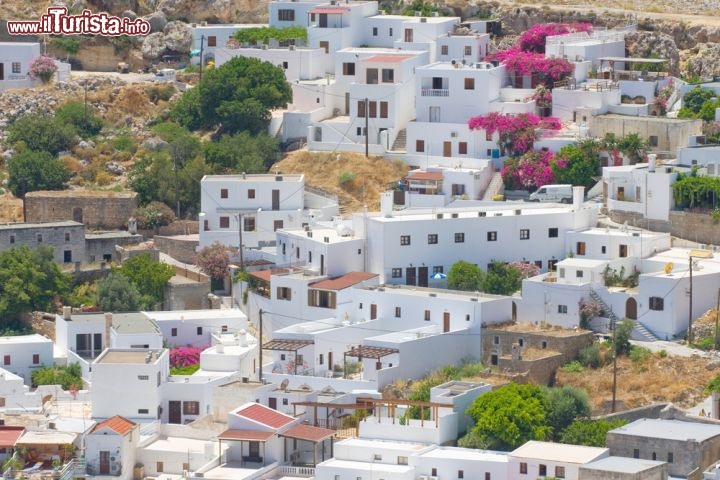 Immagine Le case del centro di Lindos a Rodi, Grecia - Semplici forme geometriche e intonaco rigorosamente bianco per le tipiche abitazioni di Lindos impreziosite solo dalle tonalità sgargianti dei fiori della buoganville © Birute Vijeikien / Shutterstock.com