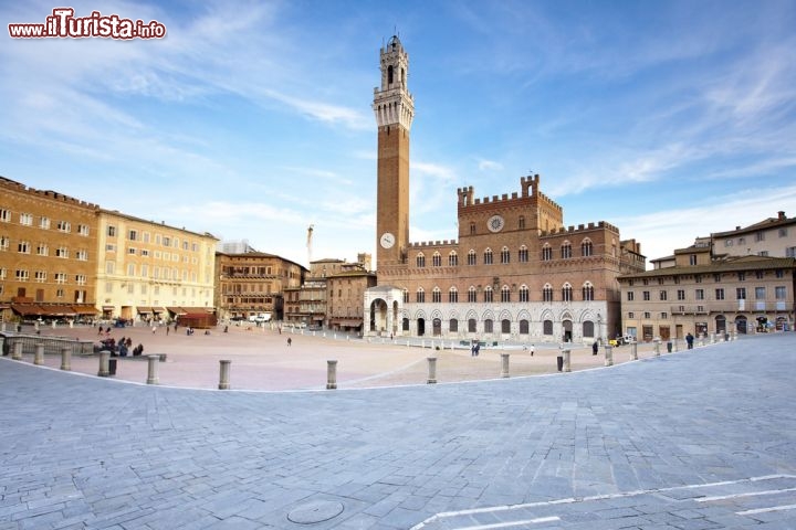 Immagine Piazza del Campo a Siena è un ambiente estremamente scenografico, oltre che fondamentale per la storia e il governo della città nel corso dei secoli. La pianta a forma di conchiglia è pressoché unica, le geometrie sono armoniose, e l'ottimo stato di conservazione dei palazzi circostanti ne fa uno spaccato fedele della città medievale - © Andre Goncalves / Shutterstock.com