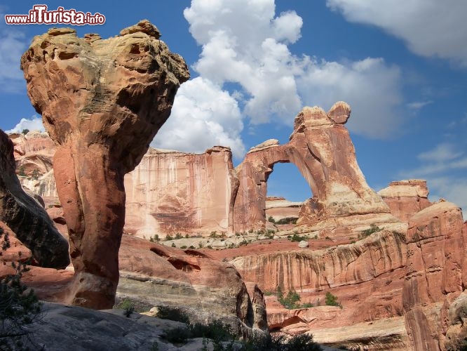 Immagine Due capolavori naturali del Canyonlands National Park dello Utah, negli USA: Molar Rock, che assomiglia a un gigantesco dente molare, e Angel Arch, colossale arco di roccia. Entrambe le "sculture" si trovano nella zona del parco chiamata Needles District, precisamente nell'area impervia del Salt Creek Canyon, raggiungibile solo se si è degli avventurieri impavidi: Angel Arch si trova a circa 15 km dal sentiero più vicino - © Sierralara / Shutterstock.com