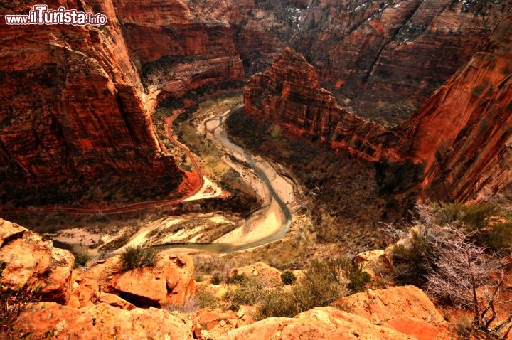 Immagine Panorama all'interno del Zion National Park (Utah, USA) fotografato dall'Angel's Landing, uno dei sentieri più belli e impegnativi del parco. Tratti pianeggianti si alternano a parti piuttosto ripide, ma non ci sono strettoie particolarmente anguste. In ogni caso, per godersi il panorama in sicurezza, è meglio non soffrire di vertigini e avere ai piedi le scarpe da trekking. Passeggiando incontrerete molti scoiattoli! - © Meg Wallace Photography / Shutterstock.com