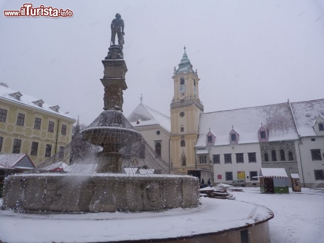 Immagine Piazza principale di Bratislava, Slovacchia - Ampia e monumentale, la piazza principale di Bratislava è situata in pieno centro storico nella zona pedonale che parte dalla Porta di San Michele e attraversa la Piazza Centrale. E' dedicata al drammaturgo slovacco Pavol Orszagh Hviezdoslav celebrato con un'imponente statua. Qui la piazza è fotografata sotto una soffice nevicata.  - © Monica Mereu