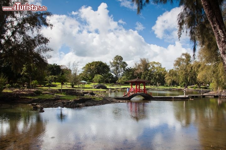 Immagine Isola di Hawaii, la più grande dell'omonimo arcipelago: un incantevole lago tra la vegetazione tropicale, con tanto di ponticello e piccola pagoda rossa  - © Tor Johnson / www.hvcb.org