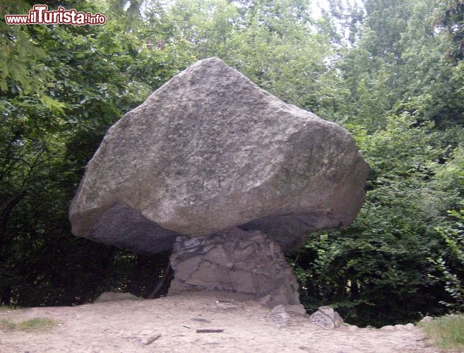 Immagine La Pietra Pendula vicino a Brunate - Si tratta di un masso erratico, e cioè una grossa pietra che era stata movimentata dal grande ghiacciaio che ha scavato il lago di Como. Una volta che il ghiacciaio si è ritirato, alla fine dell'ultima era glaciale, questi massi sono rimasti sparsi lungo la vallata. In questo caso il masso appare in una posizione precaria, "pendente", dato che il substrato più tenero è stato eroso, e rimane solo una piccola prozione di essa, riparata dal masso che forma un ombrello, e che insieme creano una classica morfologia a fungo. Si raggiunge a Montepiatto, magari percorrendo un bel sentiero che compie un tour dalla funicolare in circa 3 ore di tempo - © Swiss79 / it.wikipedia.org/