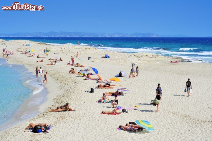Immagine La Playa di Ses Illetes si trova a nord di Formentera (Baleari, Spagna), in una zona protetta come Riserva Naturale, ed è tra le più amate dai turisti. Una lingua di sabbia bianca si allunga in mezzo al blu, come una passerella accarezzata da due mari diversi: a volte il vento fa i capricci e su un lato il mare è calmo, sull'altro agitato e pieno di onde. La spiaggia offre tutti i comfort per una vacanza all'insegna dello sport, del divertimento e del relax, ed è dotata di servizi per i bagnanti e intrattenimenti vari - © nito / Shutterstock.com